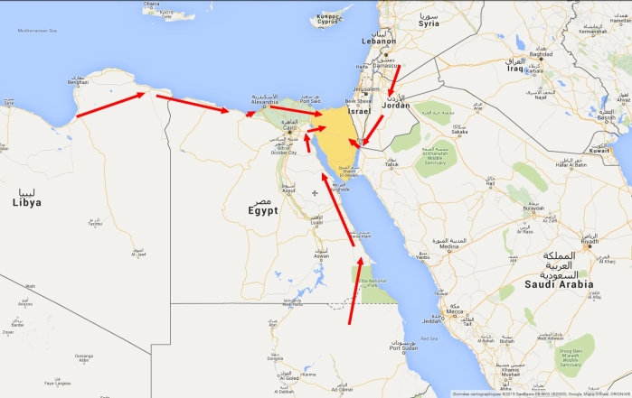 Chemins empruntés par les trafiquants d'armes pour alimenter le Sinaï et Gaza.